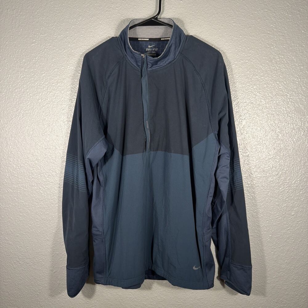 Nike Dri Fit Running Pullover Mens Large 1/4 Zip Jacket Sweater Zip Pockets Blue